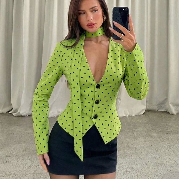 Very Chic Women's Elegant Polka Dot Print Deep V-Neck Fitted Blazer. Size L 8/10 - Picture 5 of 8